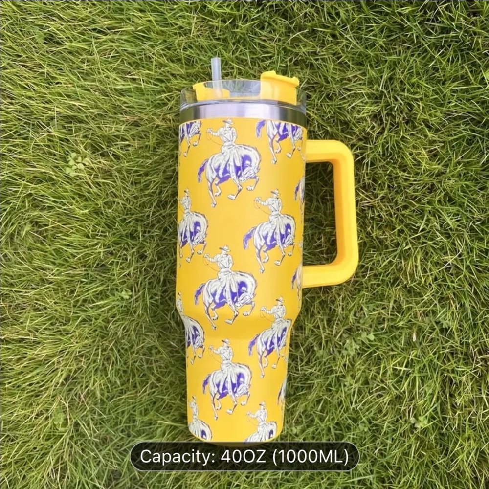 Yellow Cowboy Print Tumbler with Handle